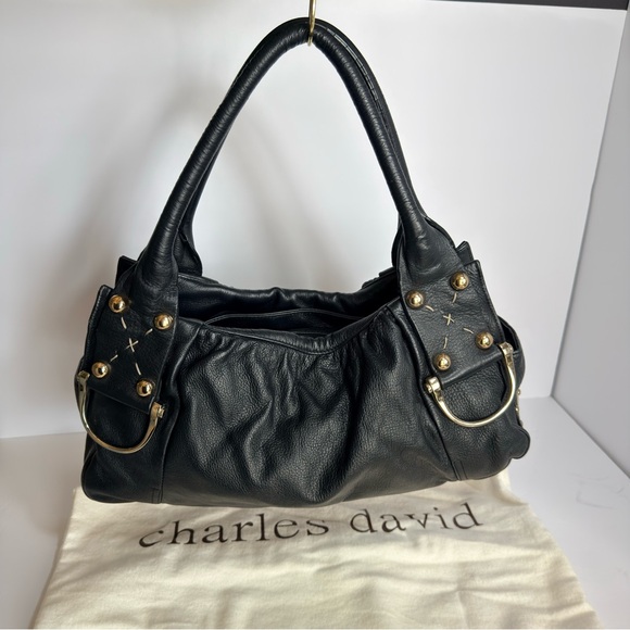Charles David Handbags - Charles David Black Shoulder Leather Bag with Gold Accents
